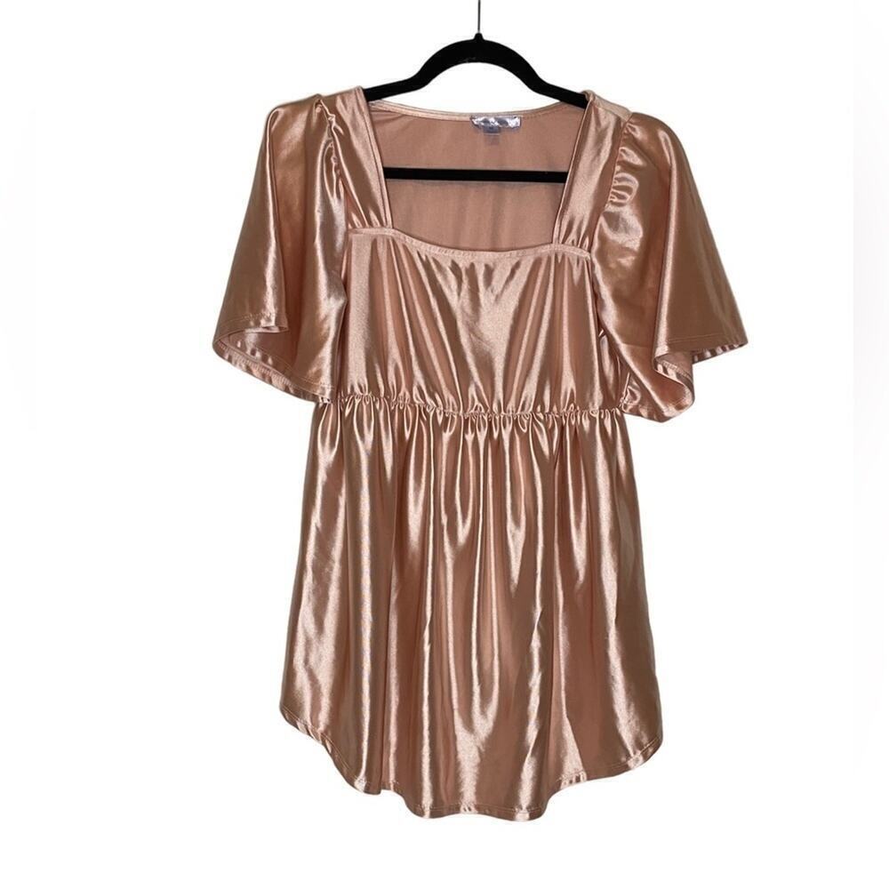 Satin Blush Pink Maternity Babydoll Short Sleeve Square Neck Top Juniper Ln